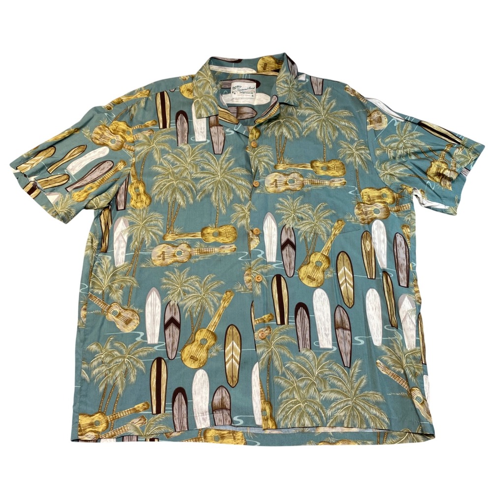 Diamond Head Sportswear Mens Hawaiian Shirt Teal Surfboard Ukulele PalmTree L/XL